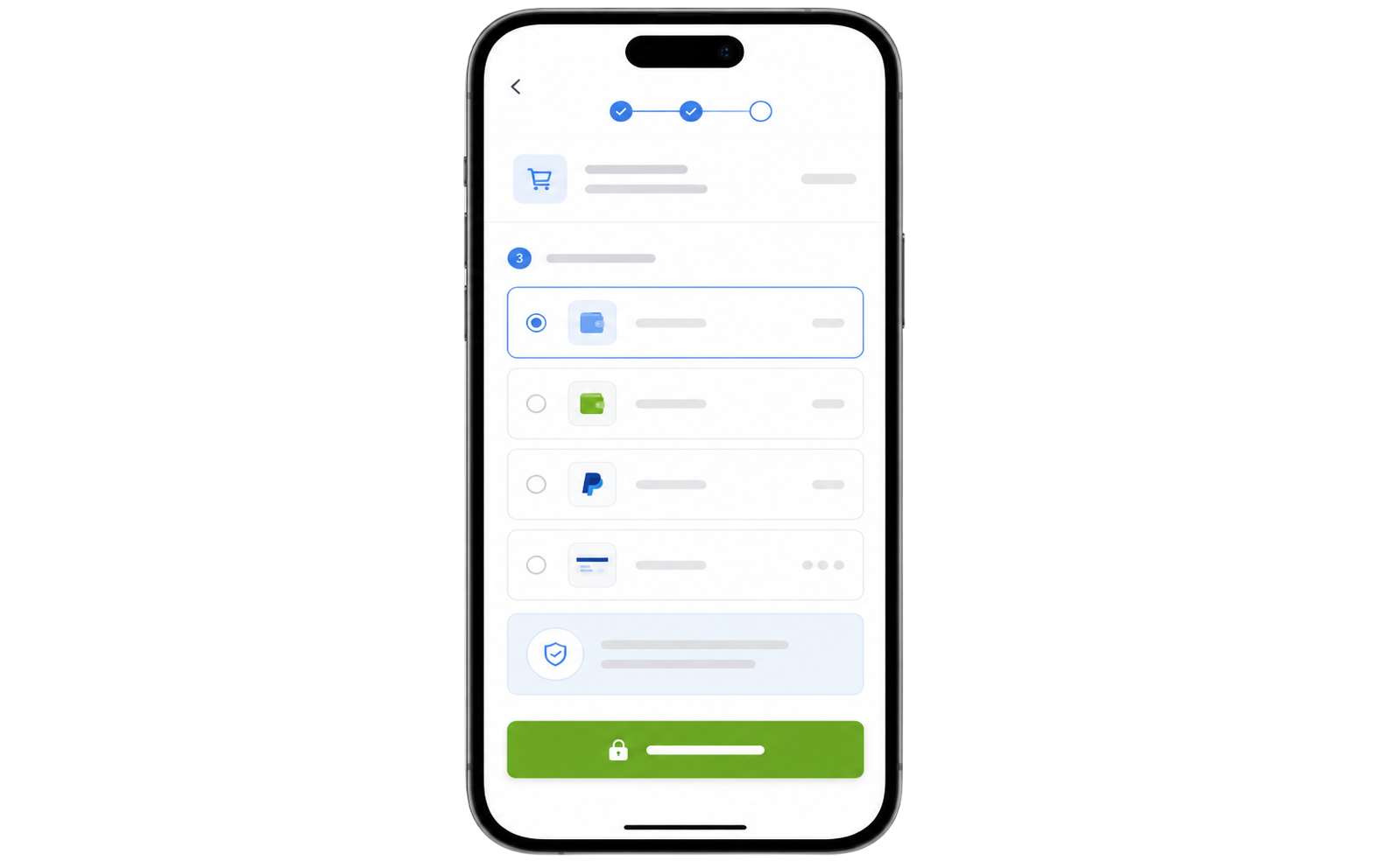 Mobile checkout screen showing multiple payment method options